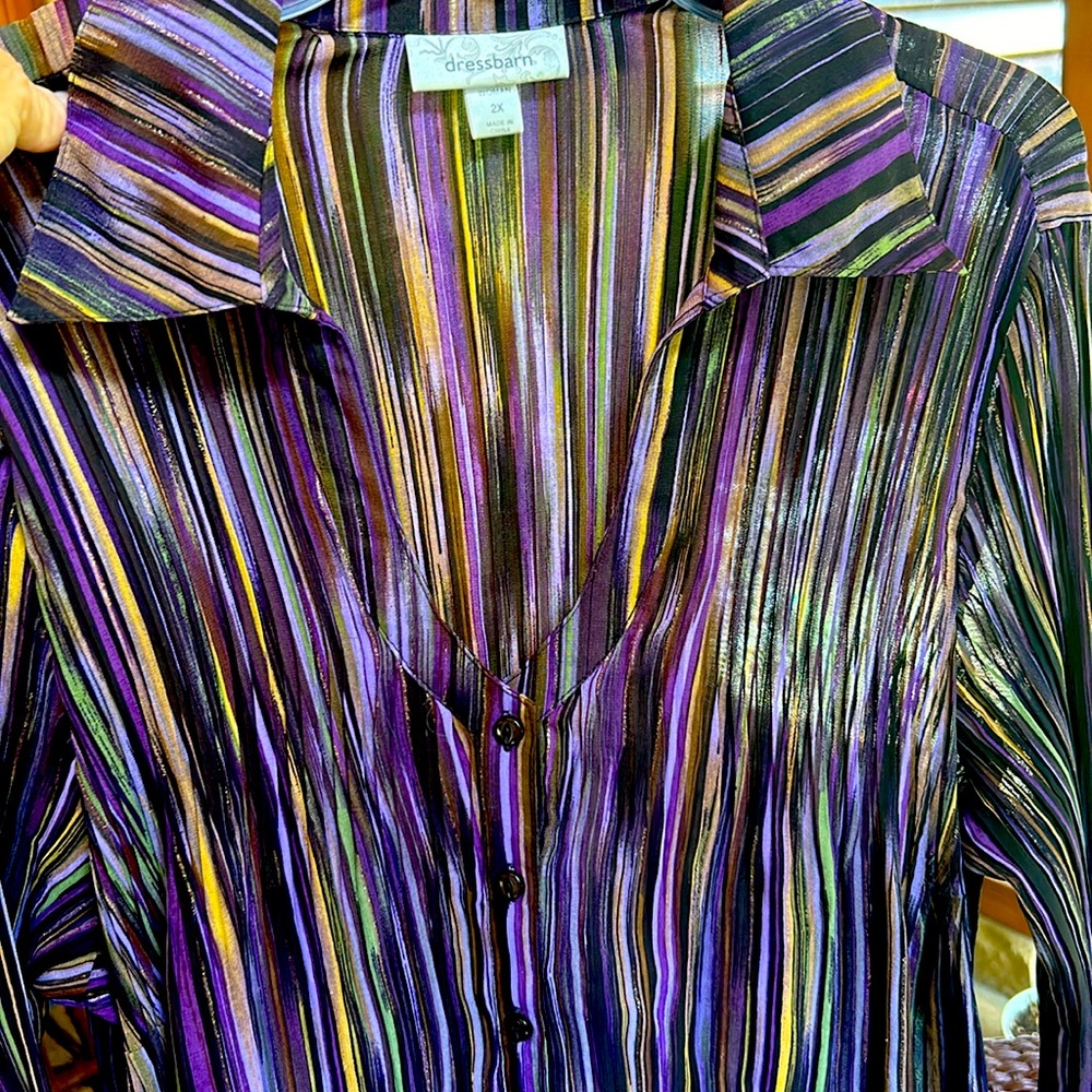 Mardi Gras Flowy Tunic Top Purple Black Gold;Button Front;3/4 Bell Sleeves;NWOT - Picture 12 of 12